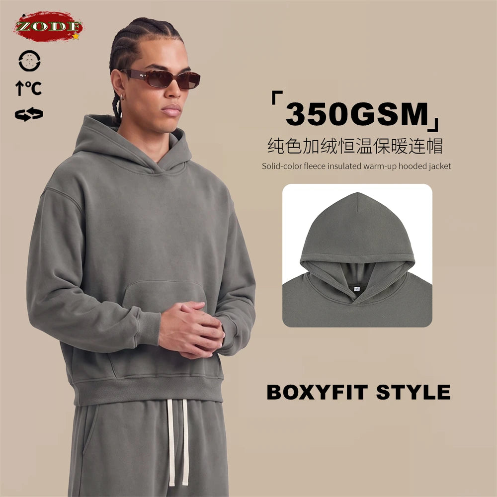 ZODF Trendy Winter Man Boxyfit 350gsm Fleece Hoodie Unisex Old Money Style Comfortable Warm Solid Hooded Pullovers HY0006