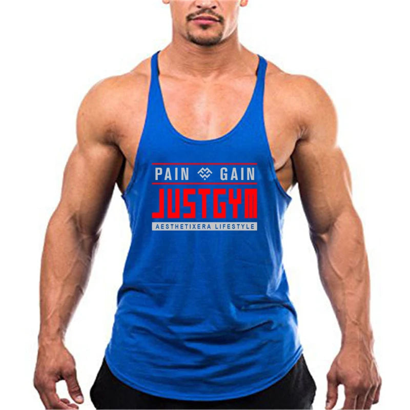 Men's Cotton JUST GYM Stringer Tank Tops Y-Back Training Vests Bodybuilding Sleeveless Shirt Muscle Workout Fitness Singlets