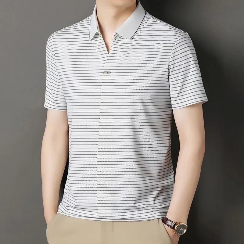 Ice Silk Short-sleeved Striped Men's T-shirt Summer New Lapel POLO Shirt Casual Fashion Top