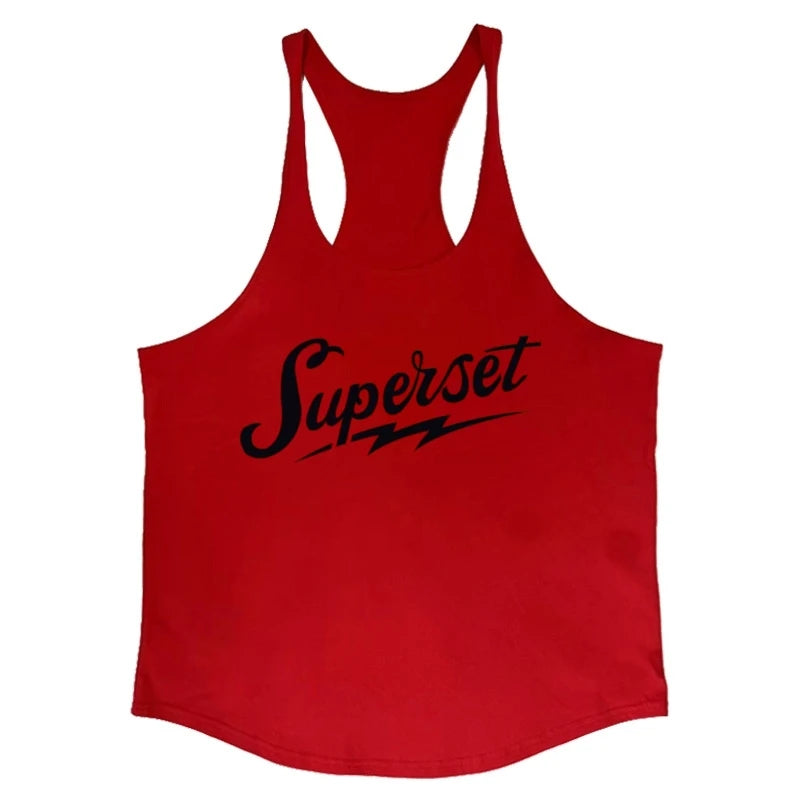 Men's "Superset" Graphic Stringer Vest - Cotton Sleeveless Shirt for Gym Fitness, Bodybuilding & Workout Undershirt