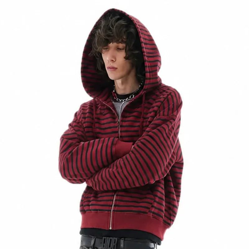 Vintage Red Black Stripe Full Zip Hoodie Women Men Y2K Aesthetic Loose Cropped Hooded Jacket Streetwear Long Sleeve Sweatshirt
