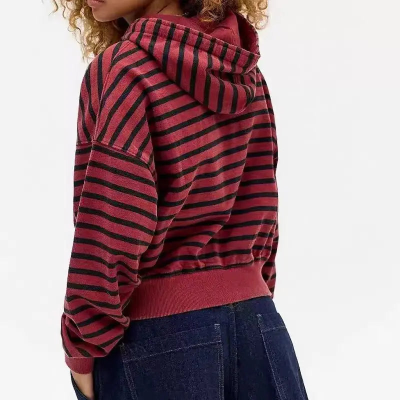 Vintage Red Black Stripe Full Zip Hoodie Women Men Y2K Aesthetic Loose Cropped Hooded Jacket Streetwear Long Sleeve Sweatshirt
