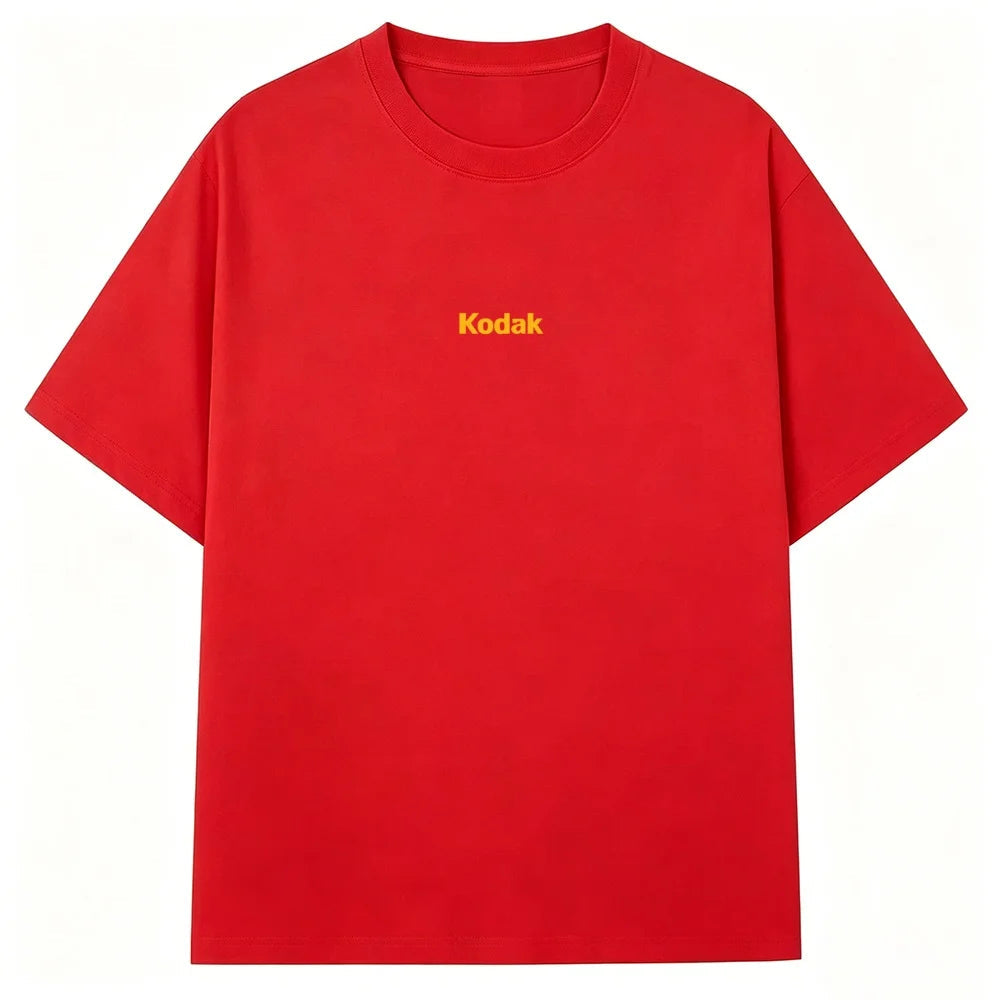 Black Kodak Basic Red Center Logo Graphic Tee, Simple White-on-Black Brand Print, Cotton Crewneck for Daily Casual Wear ATFH