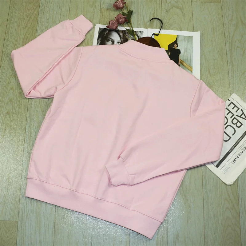 Pink Sweatshirt Women Comfortable Long Sleeve Sweatshirt Autumn Spring High Neck Loose Women's Letter Embroidery Hoodie Pullover - ATFH