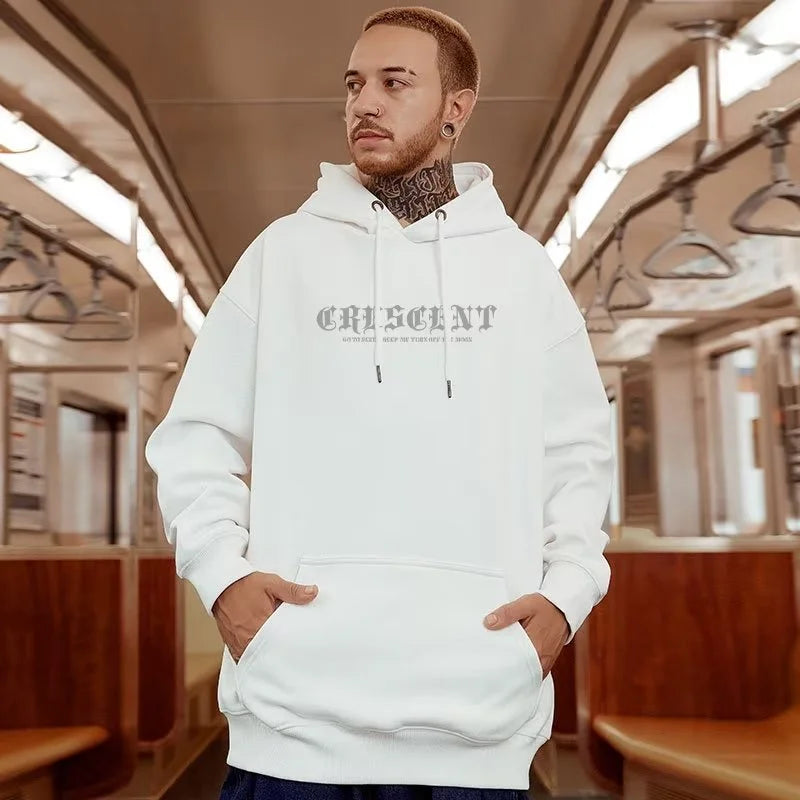 M-8XL American Style Street Crescent Print Oversized Hoodie Long-sleeve Loose Hoodie Student's Large Soft Velvet Hooded Sweater - ATFH