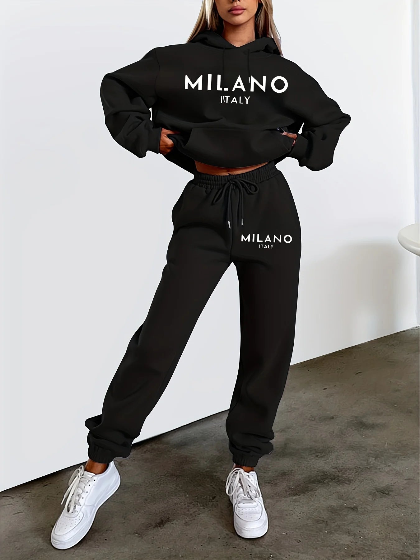 Women's Autumn/Winter Hoodie+Sports Pants Set Street Casual MILANO ITALY Letter Printed Fashion and Velvet Warm Clothing