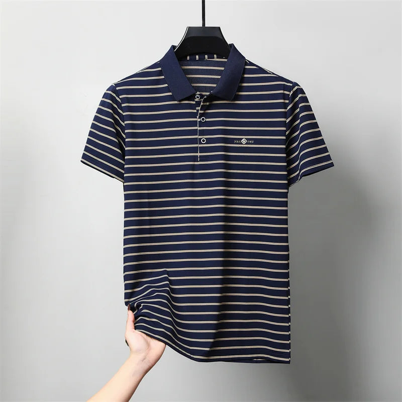 Luxury exquisite letter embosse short sleeve polo shirt new trend brand striped men's T-shirt premium silk cotton comfort top