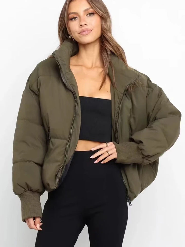 Women's Winter Stand Collar Jacket Baggy Short Padded Down Coats Cropped Puffer Long Sleeve Zipper Coats