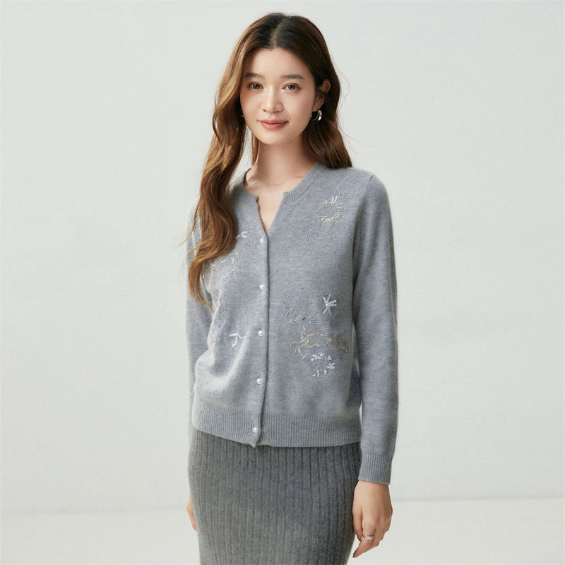 Delicate Notched Collar Autumn Winter Woman 100% Cashmere Mock-Neck Cardigan Knitwear Pearl Buttons Long Sleeve Ribbed Hem Tops