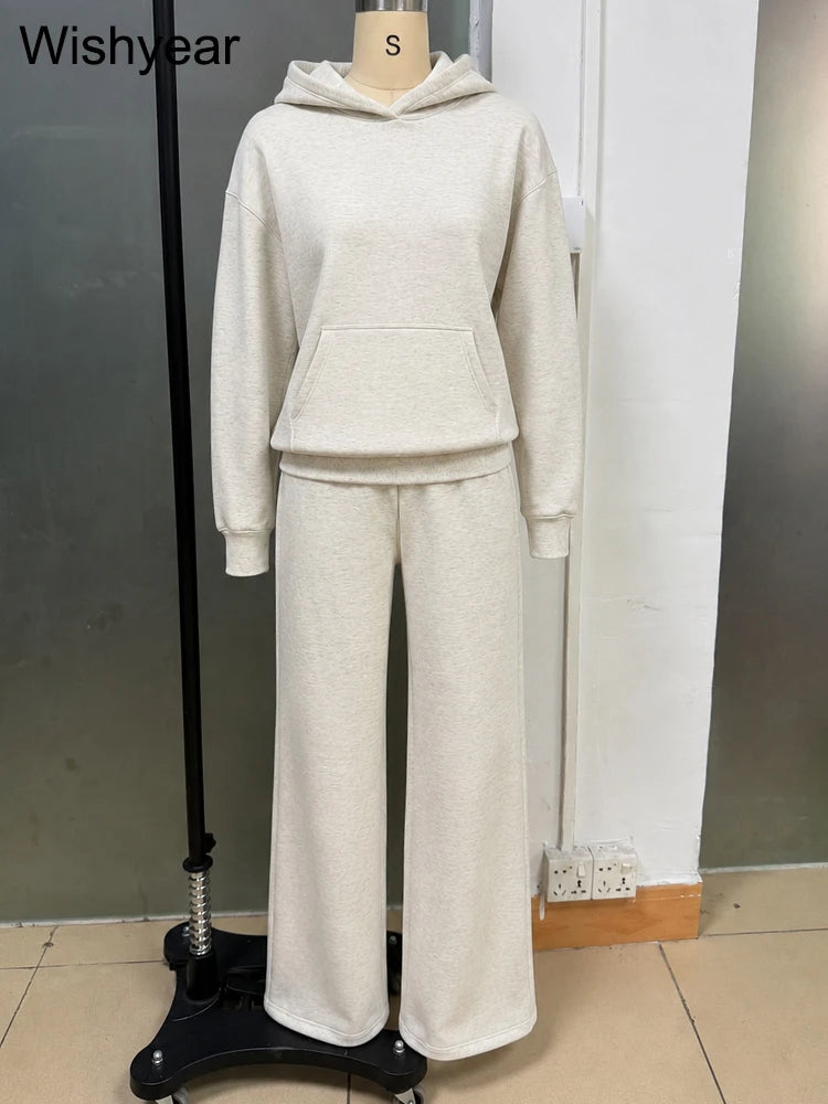 Gray Women’s Cozy Hoodie Set Long Sleeve Hooded Top Wide Leg Pants Casual Sporty Street Travel Fall Winter Two Piece Outfit