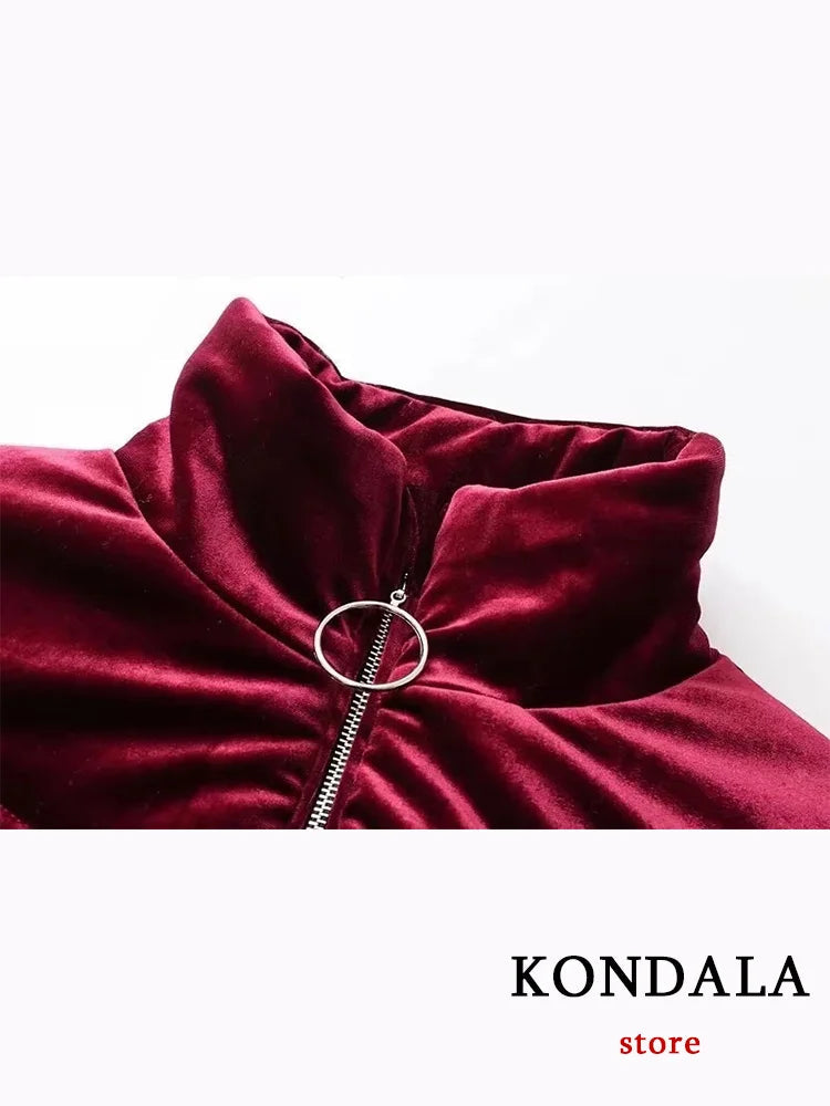 KONDALA Vintage Casual Women Jackets Solid O Neck Zipper Pocket Velvet Coats New Fashion 2023 Autumn Winter Thick Warm Outwears ATFH