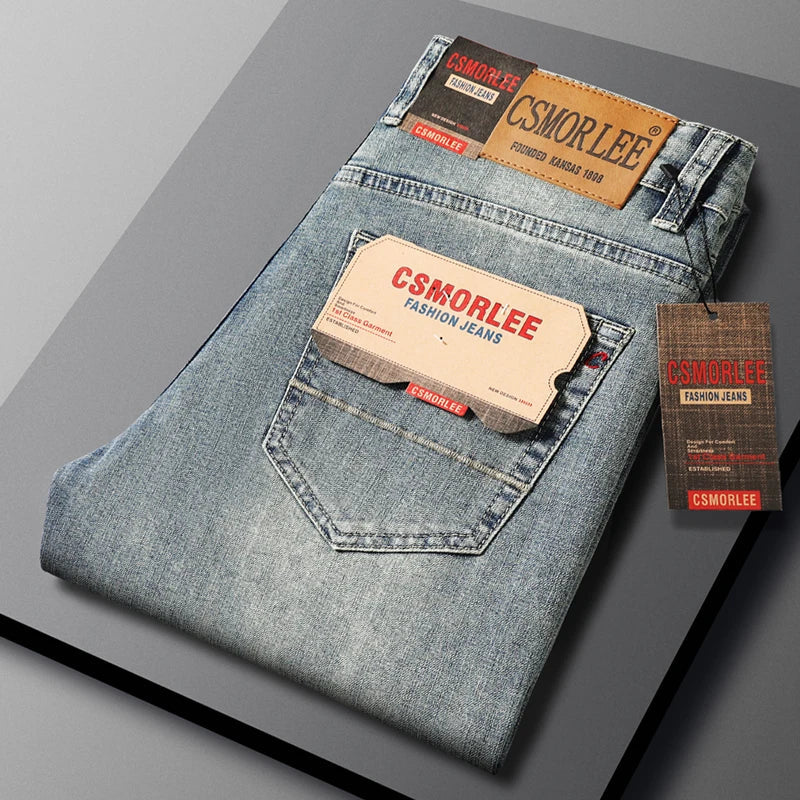 2026 Brand Top Classic Style Men Spring Summer Jeans Business Casual Light Blue Stretch Cotton Denim Male Trousers ATFH