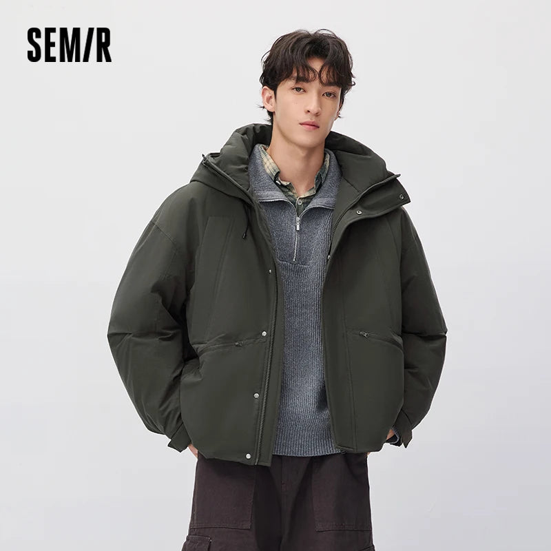 Semir Men Down Jacket 80 Percent Down Fill Drawstring Hooded Solid Color Workwear Large Pocket 2026 New Winter Daily Wear