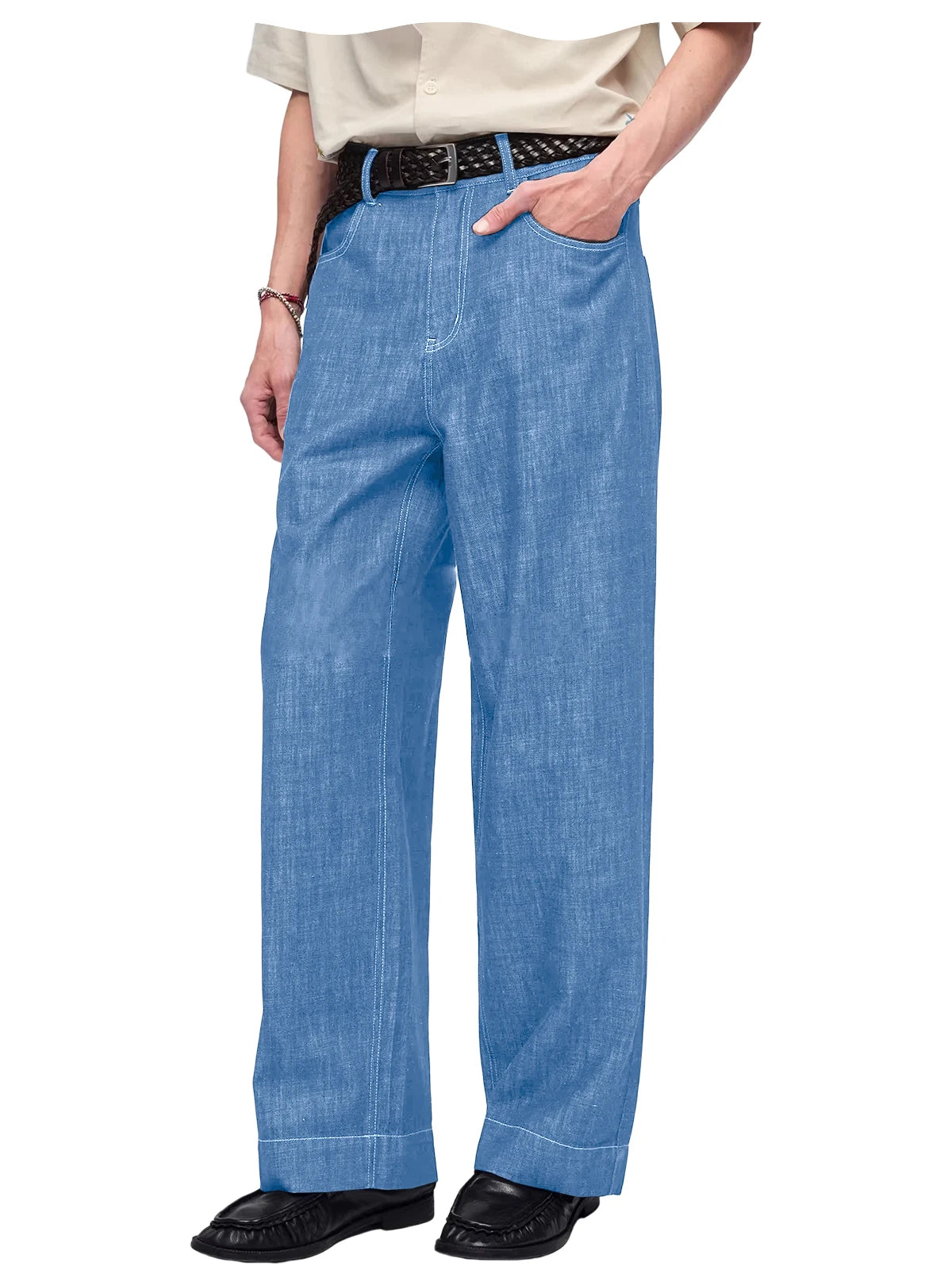 Retro Men's High Waist Wide Leg Jeans Loose Fit Denim Pants Breathable Casual Stretchy Heavyweight Cotton Y2K Baggy Trousers ATFH