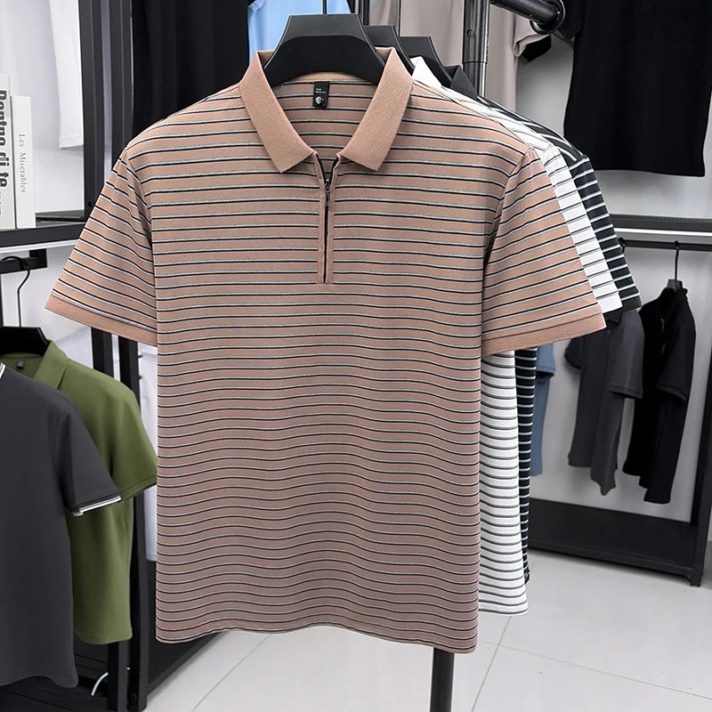 2026Summer Men's Striped Short-sleeved Lapel Zipper Polo Shirt Casual Trend Breathable Light Luxury Half-sleeved Bottoming Shirt