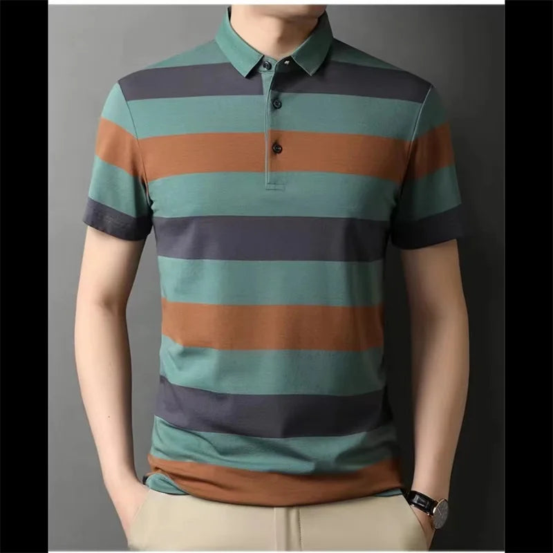 Men's Stripped Pattern Polo Shirt Summer Casual Short Sleeve Button Golf T Shirt Clothes Men's Oversized Polo Shirts Tops