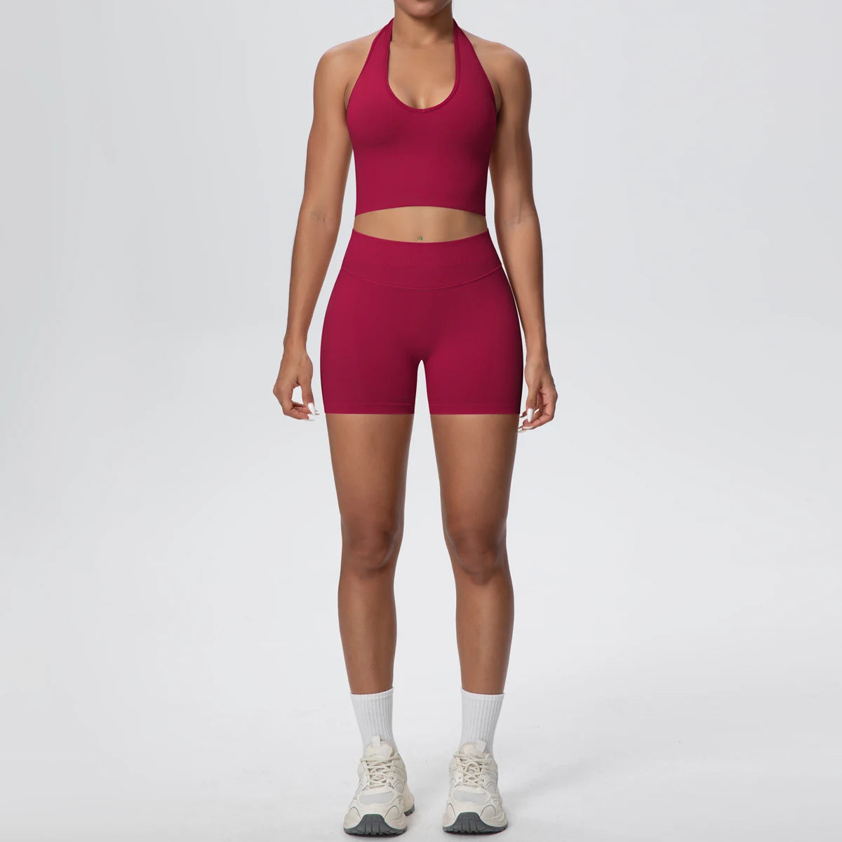 2Pieces Breathable Hanging Neck Bra Fitness Shorts Yoga Set for Woman's Quick-Dry Hip Push Up Seamless Sports Top Yoga Suit - ATFH