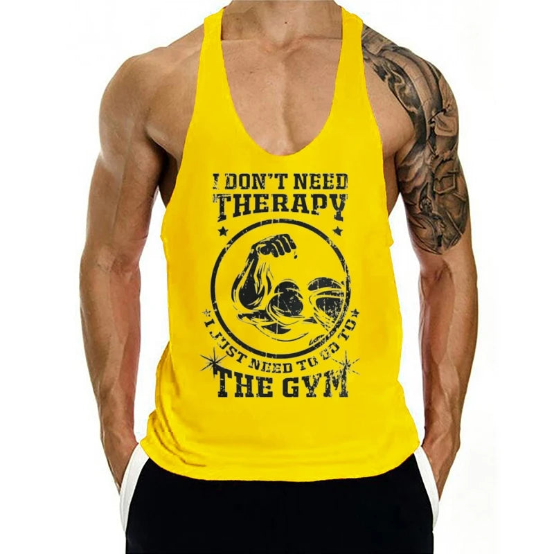 Men's "I don't need therapy, just the gym" Muscle Graphics Stringer Vest-Sleeveless Fitness, Bodybuilding and Plus Size Exercise
