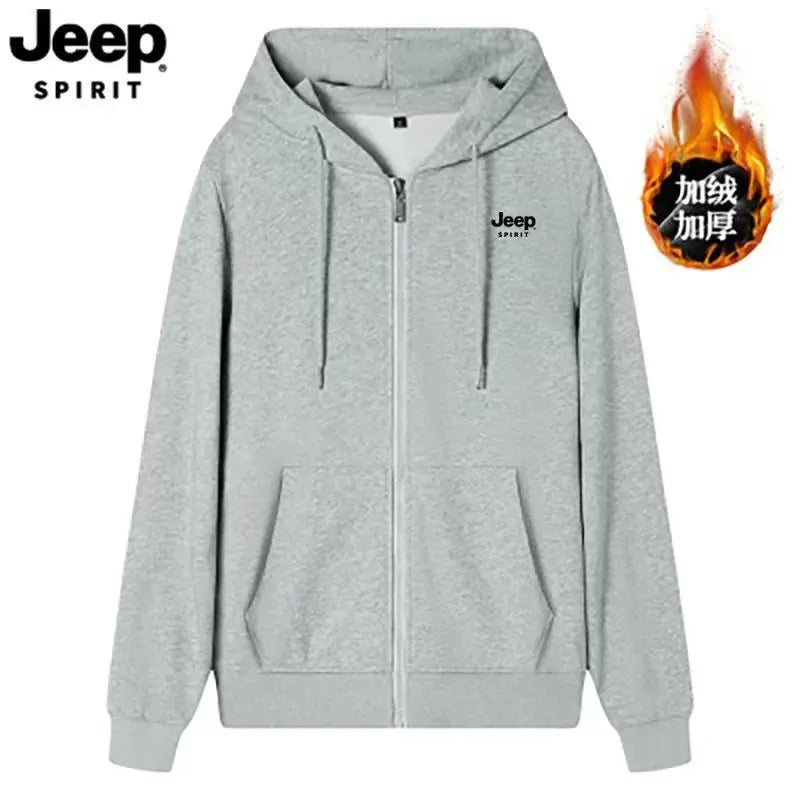 JEEP Jeep cardigan sweatshirt zipper men's versatile casual hooded thick coat loose top with fleece - ATFH