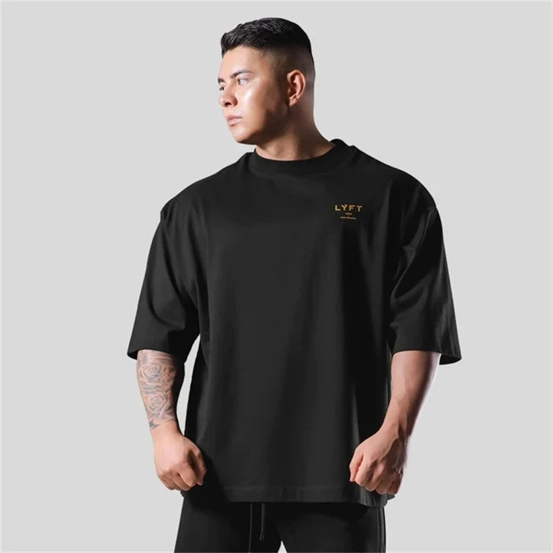 LYFT Men Cotton Black White Short Sleeve Gym Fitness Oversized T-Shirt Summer Fashion Loose Casual Men's Shirt Sports Tees Tops ATFH