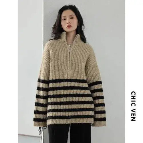 UMI MAO Women's Sweaters Turtleneck Zipper Contrast Stripe Jumpers Thickened Pullovers Warm Female Coat Autumn Winter - ATFH