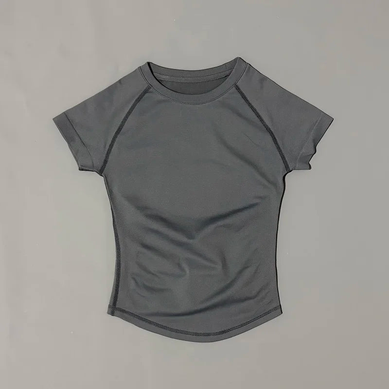 Sport Short Sleeve Top Women Running Sports T Shirt Summer Short Sleeve Round Neck Breathable Stretchy Gym Yoga Fitness Top - ATFH