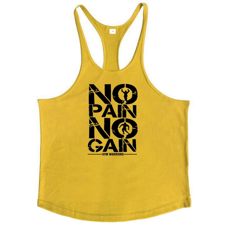 NO PAIN NO GAIN Workout Gym Clothing Bodybuilding Stringer Tank Top Men Cotton Vest Y Back Sleeveless Shirt Sports Singlets