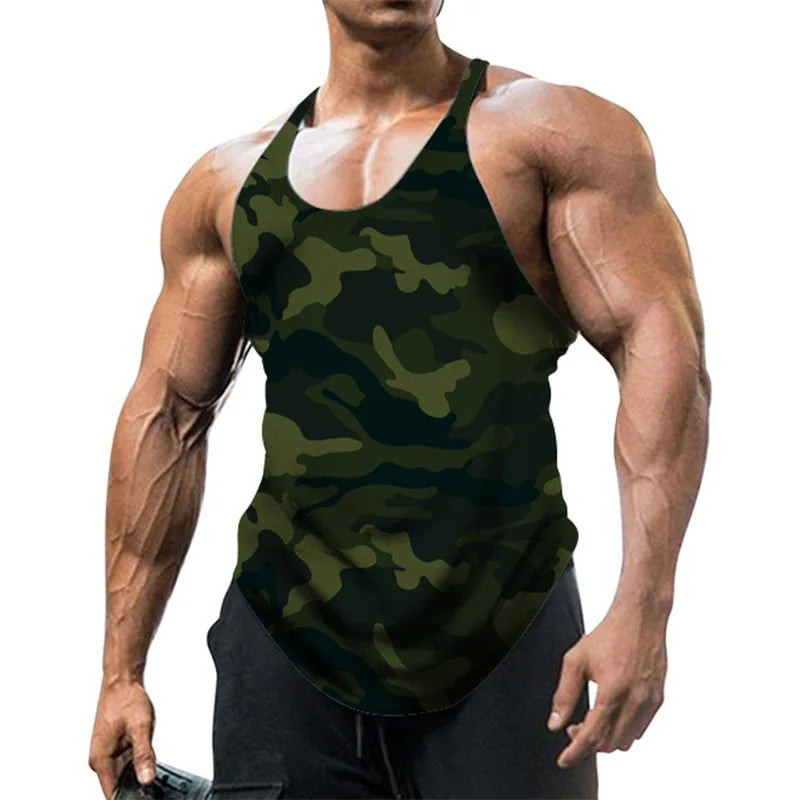 Men's Back Gym Stringer Tank Top Camouflage Top Breathable Bodybuilding Gym Vest Sleeveless Men T-shirt Crew Neck Fitness Tee
