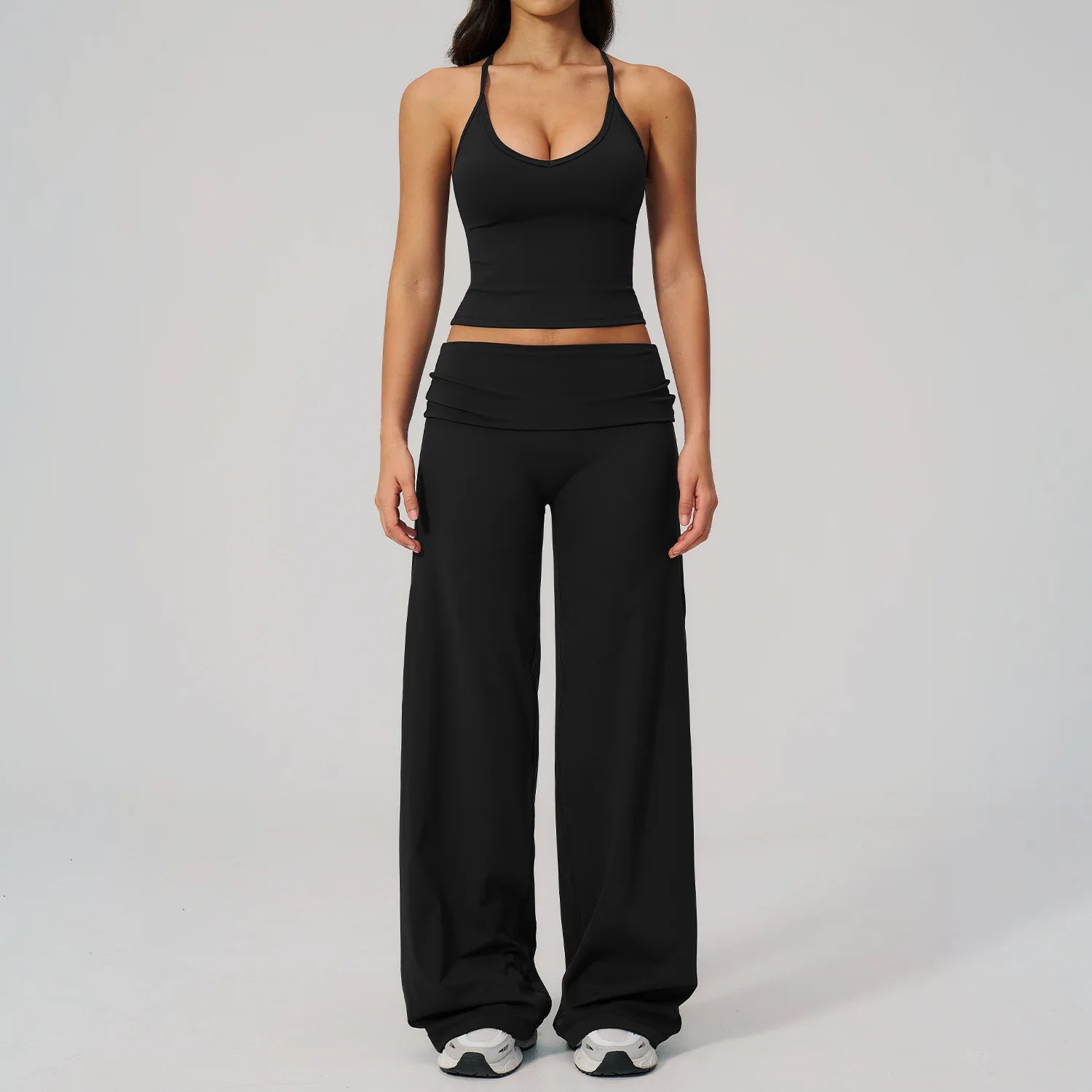 2PCS Fitness Suit Gym Tracksuits Deep V Yoga Bra Athletic Wear Female High Waist Workout Flared Pants Sports Set Yoga Clothes