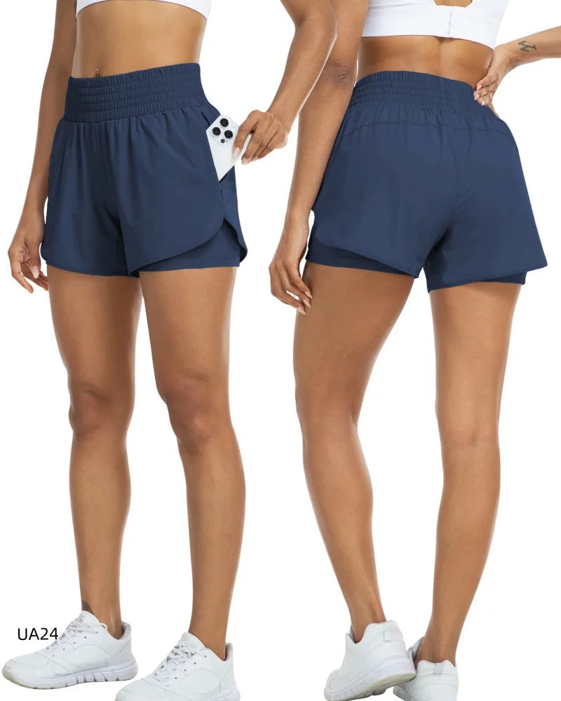 Women's High-Waisted 2-in-1 Quick-Dry Shorts with Zipper Pocket Elastic Waist for Workout Running Gym Yoga Fitness Sportswear Tahsi Fashion House
