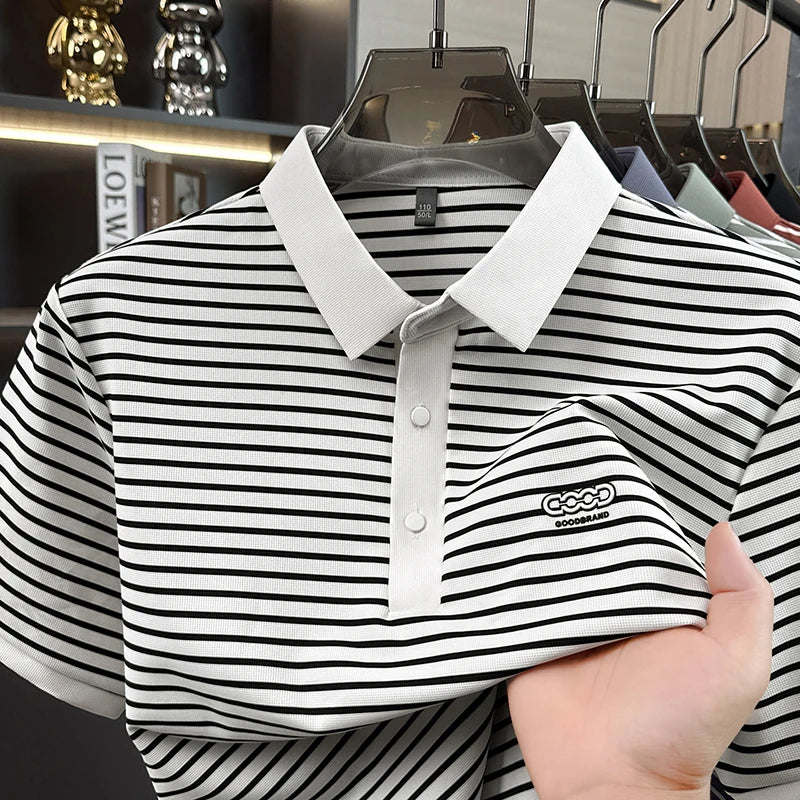 High end brand embossed short sleeve polo shirt fashion striped men's new casual summer breathable comfort luxuriuos T-shirt