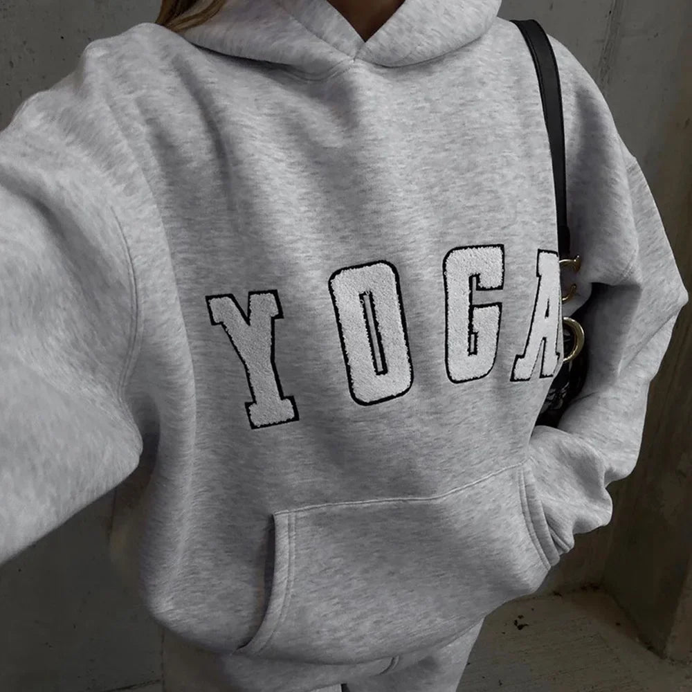 Casual Hooded Hoodies Women Autumn Winter Sweatshirts Letter Embroidery Female Long Sleeve Pullover Tops Oversized Streetwear - ATFH