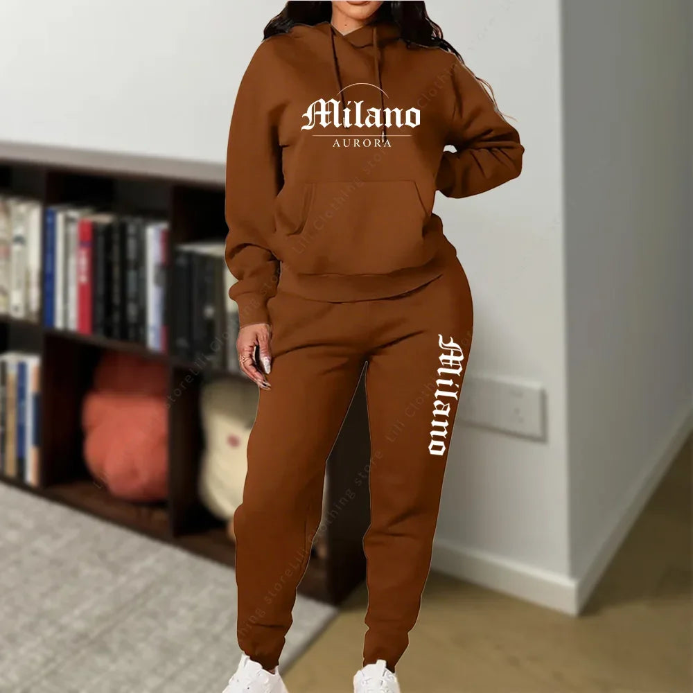 Matching Set for Woman Hoodies Sweatpants Set Fall Winter Athleisure MLANO Letter Print Fleece 2 Piece Womens Tracksuit 2026 New