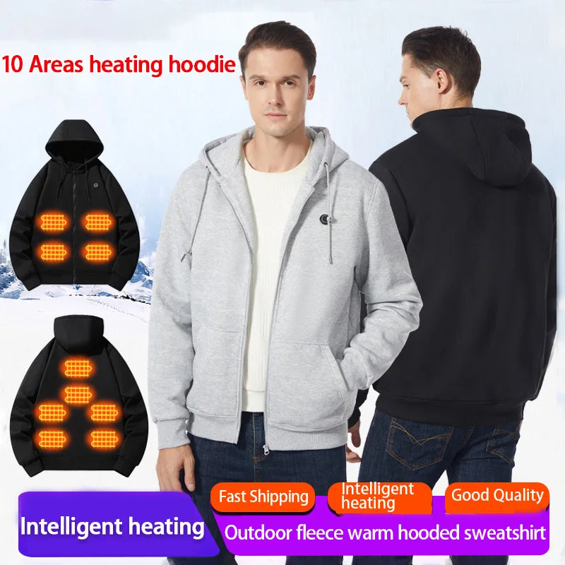 New Men Women Winter 10 Areas Intelligent USB Heating Hoodie Smart Thermal Hooded Sweatshirt Couple Style Outdoor Sportswear - ATFH