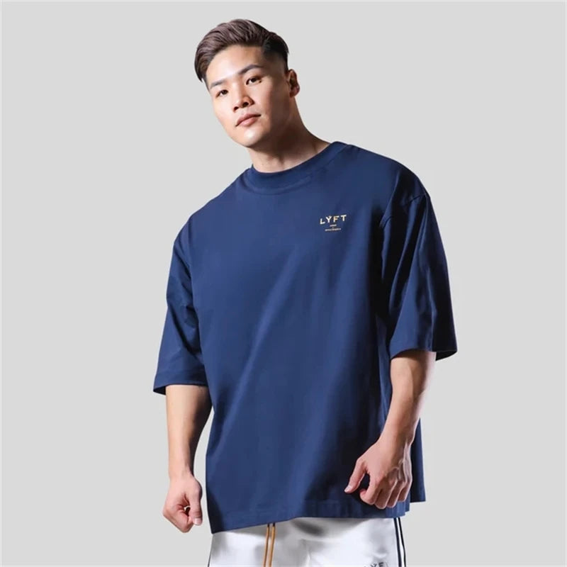 LYFT Men Cotton Black White Short Sleeve Gym Fitness Oversized T-Shirt Summer Fashion Loose Casual Men's Shirt Sports Tees Tops ATFH