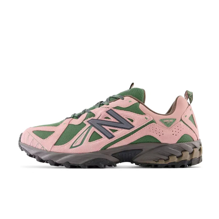New Balance 610T low-top sneakers, pink suede and green mesh upper, rugged non-slip outsole