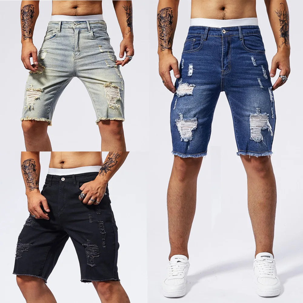 Summer Ripped Jeans Men Stretch Denim Shorts Male Short Jeans Slim Straight Shorts Fashion Black Jeans Man Clothes Streetwear ATFH