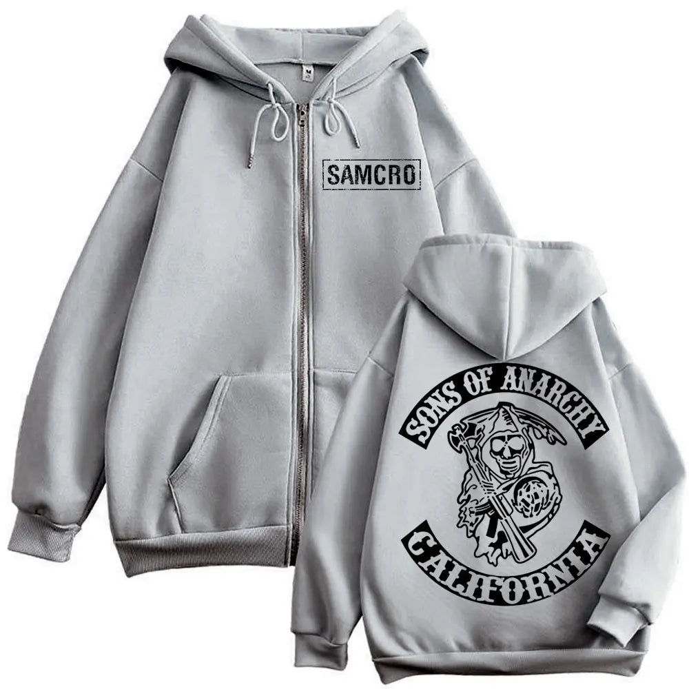 Sons of Anarchy Double Sided Print Zipper Hoodie Men's Women Gothic Vintage Zip Up Sweatshirt Casual Fashion Oversized Pullovers