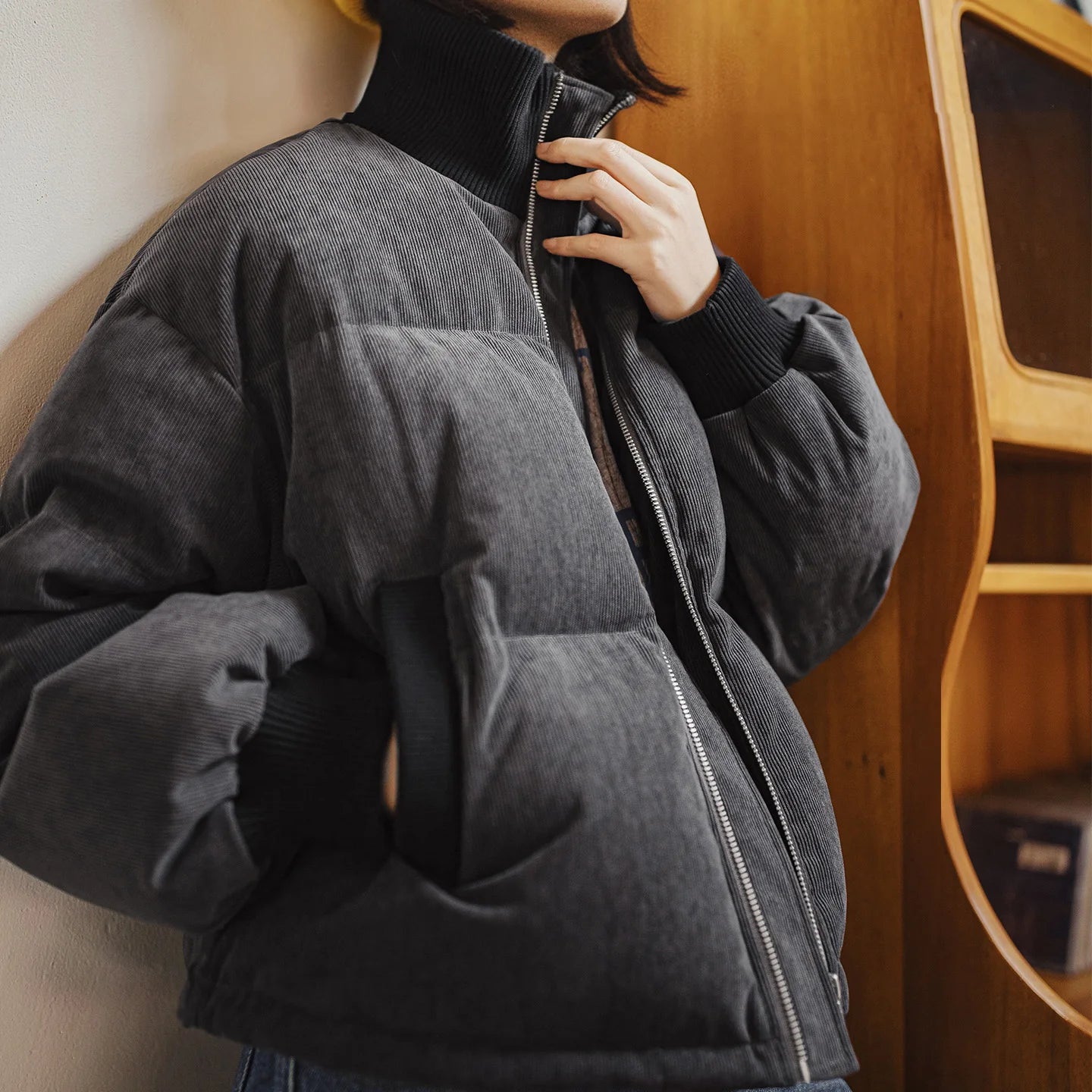 Maden Women Corduroy Down Jacket 90% Duck Down Warm Short Puffer Coat Knit Stand Collar Drawstring Hem Winter Thick Outerwear ATFH