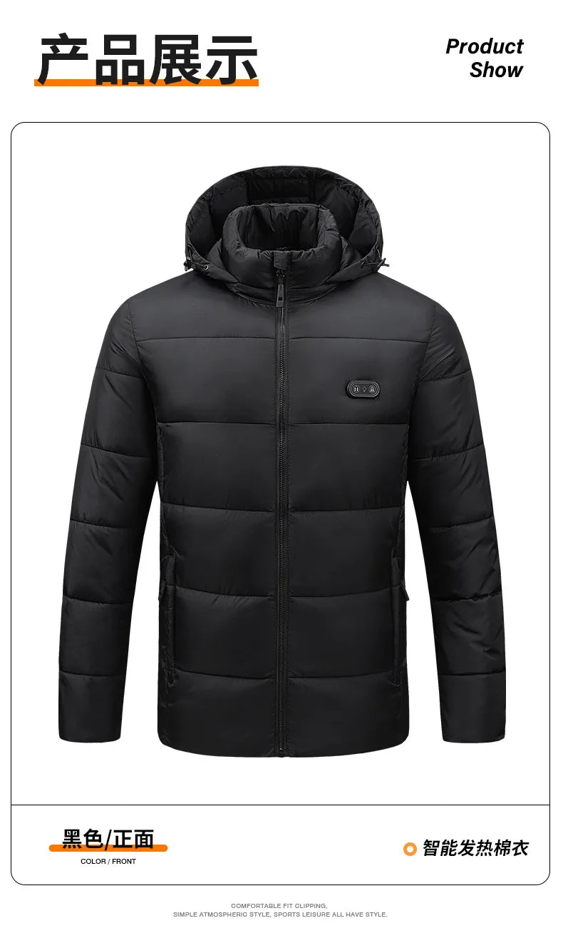 USB Heated Hooded Jacket Men 8 Heating Zones Dual Control 3 Gears Adjustable Washable Winter Warm Thermal Coat Outdoor Travel