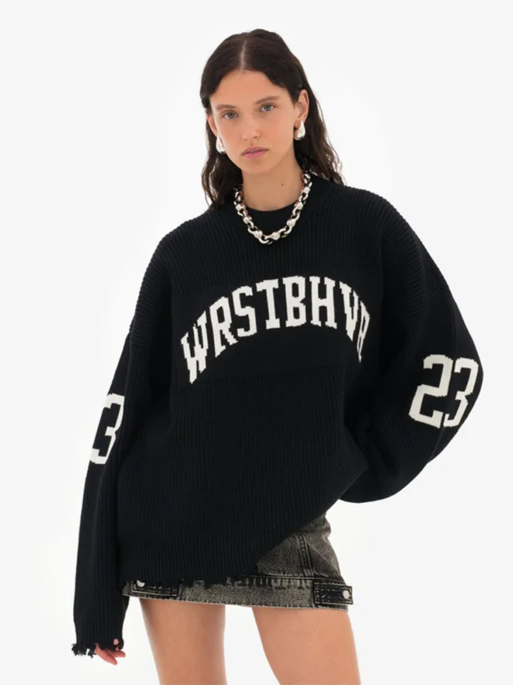 Fashion Solid Letter Print Pullover Women O-neck Long Sleeve Knitted Oversized Sweater Female Autumn Chic Casual Loose Knitwear - ATFH