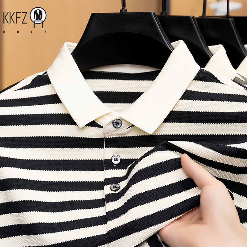 Mens Summer Striped Polo Shirt Short Sleeve Lightweight Breathable Collared Casual Top For Men