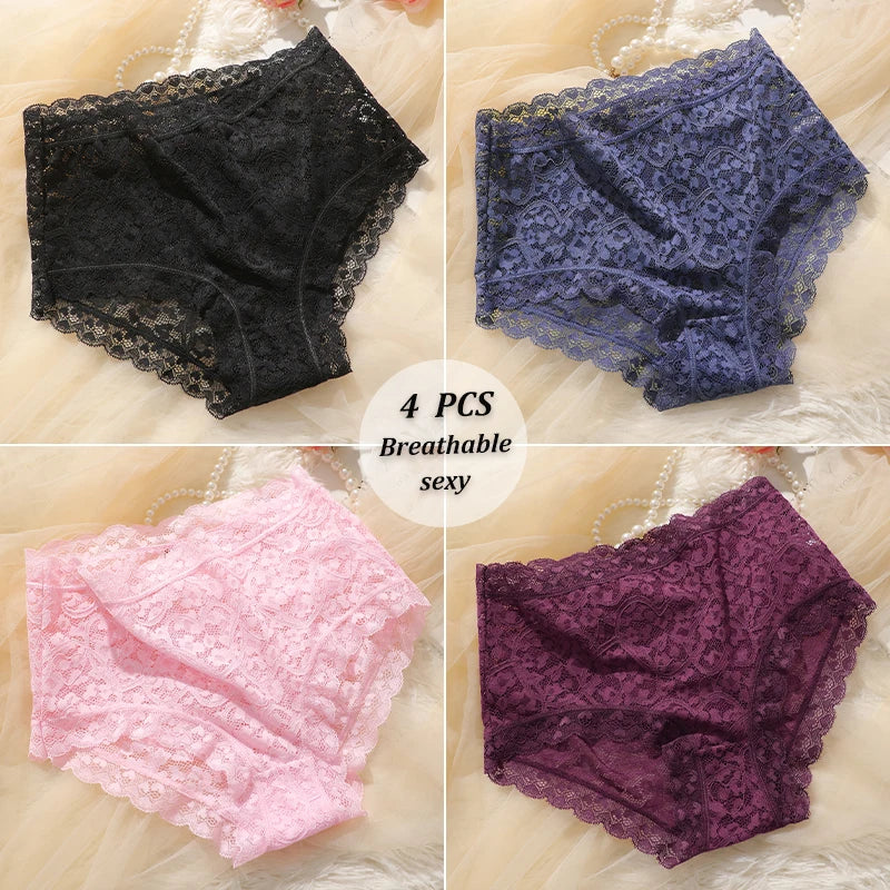 4PCS/SET See Through Lace Panties Women High Waist Full Hip Breathable Underwear Multi Color Skin-Friendly Intimate Lingerie New