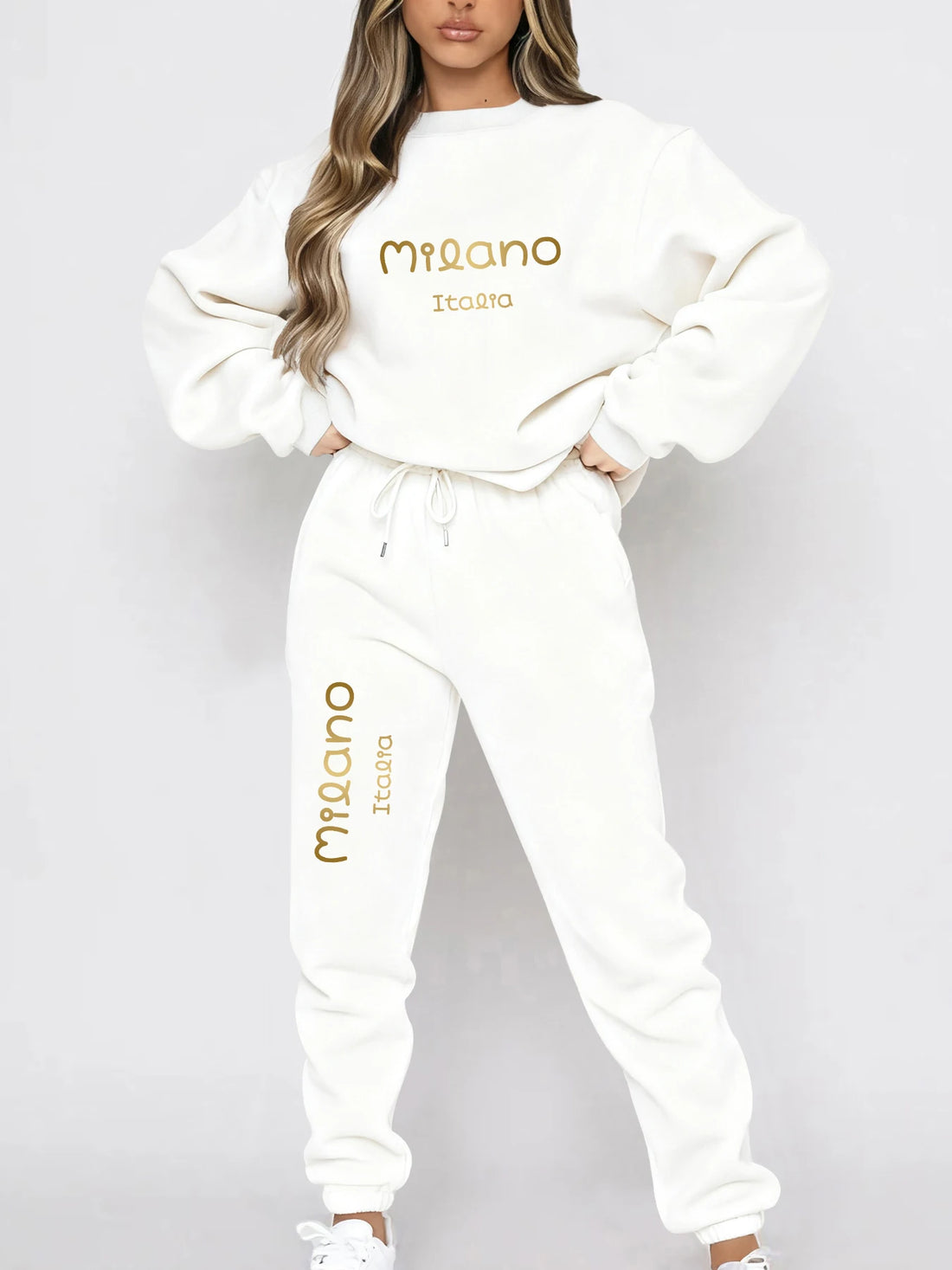 Autumn and Winter Essential Fleece-Lined Thickened Crewneck Sweatshirt Set, European and American Trendy Couple's Sweatshirt and Sweatpants Two-Piece Set, Women's Loose Oversize Sweatshirt + Long Pants, Long-Sleeve Regular Fi