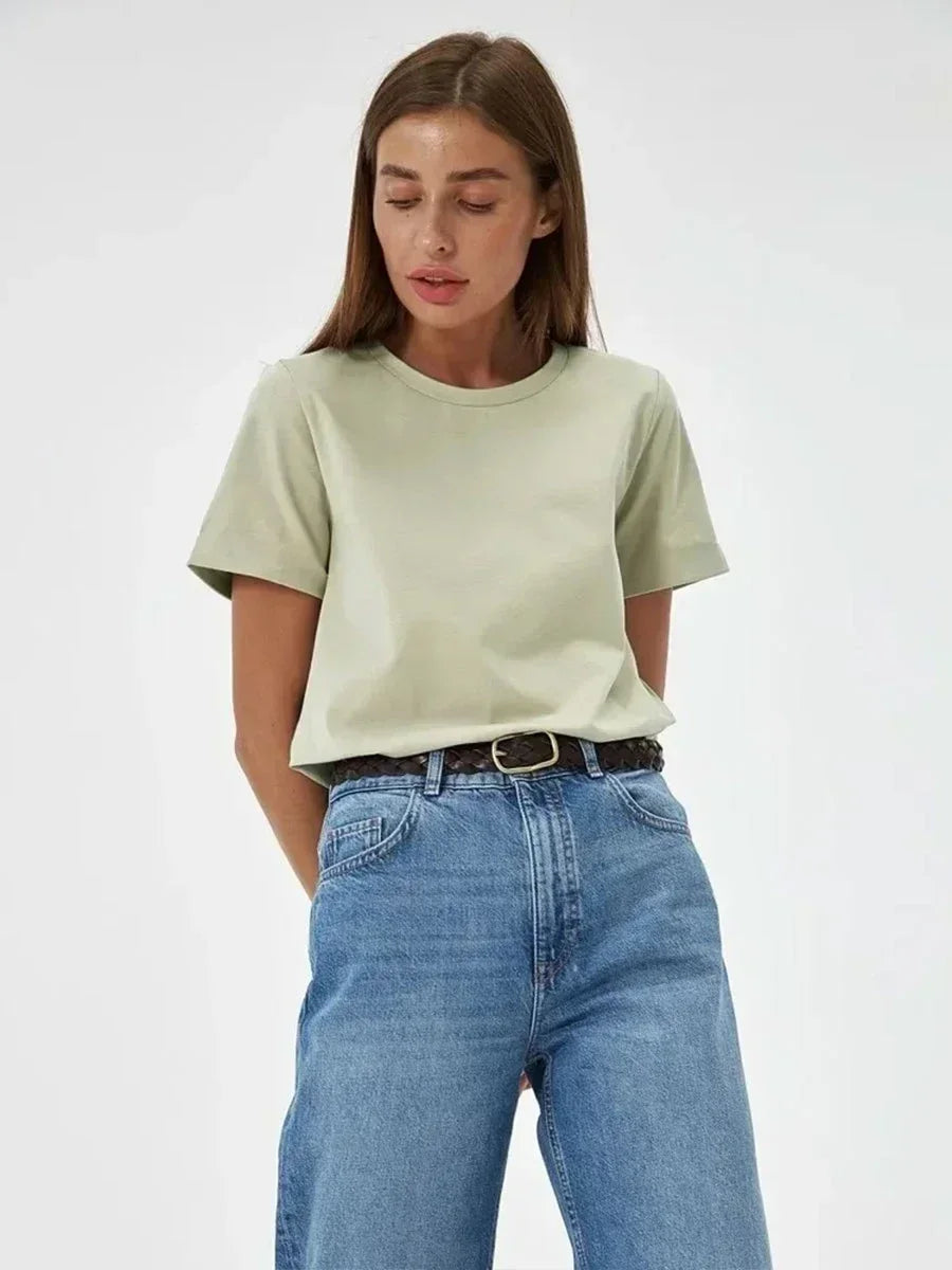 Bornladies Summer 100% Cotton Women's T-shirt Bottoming Basic Fashionable Solid Lady Short Sleeve Loose Tops Shirts 230g/㎡ Tops - ATFH