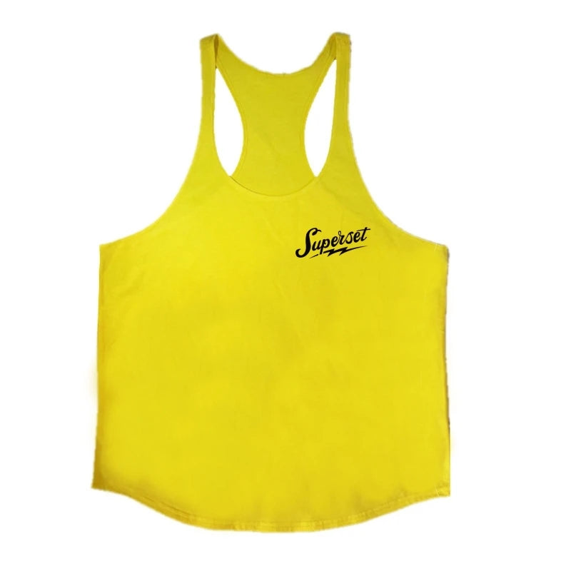 Men's "Superset" Graphic Stringer Vest - Cotton Sleeveless Shirt for Gym Fitness, Bodybuilding & Workout Undershirt