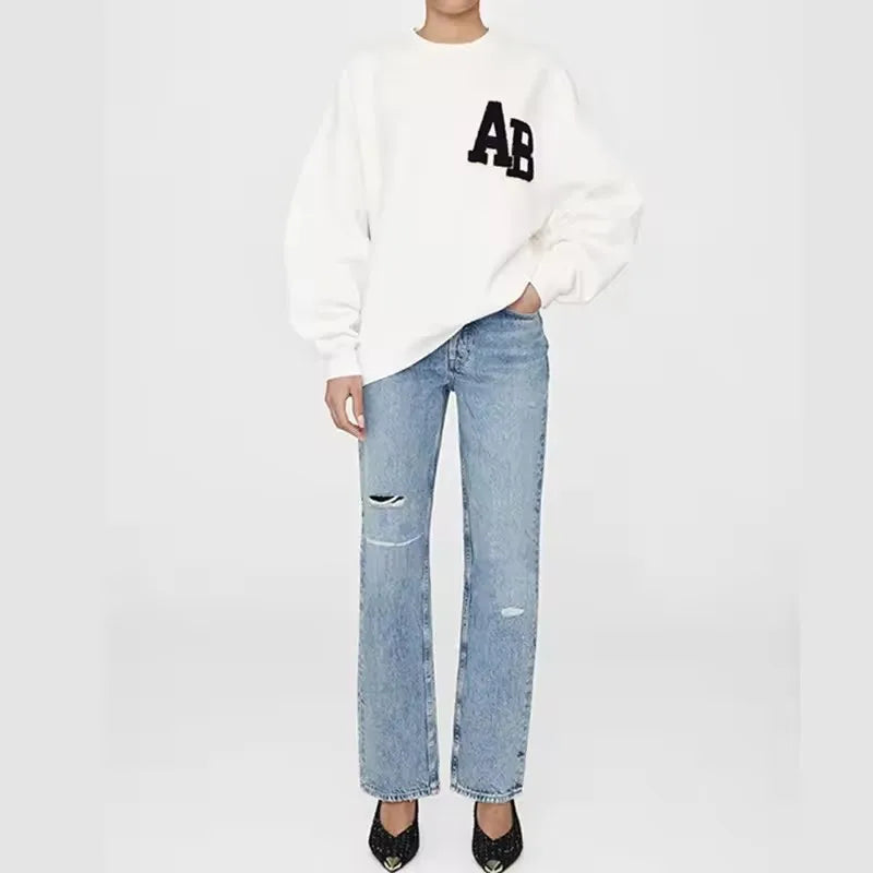 Autumn and Winter AB hand cranked special embroidery fleece loose women's round neck sweatshirt - ATFH