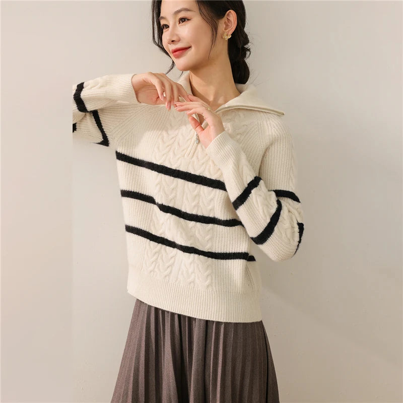 2025 New Women's Heavyweight Zipper High-Neck Sweater 100% Merino Wool Striped Pullover Long Sleeve Loose-Fit Warm Smart - ATFH