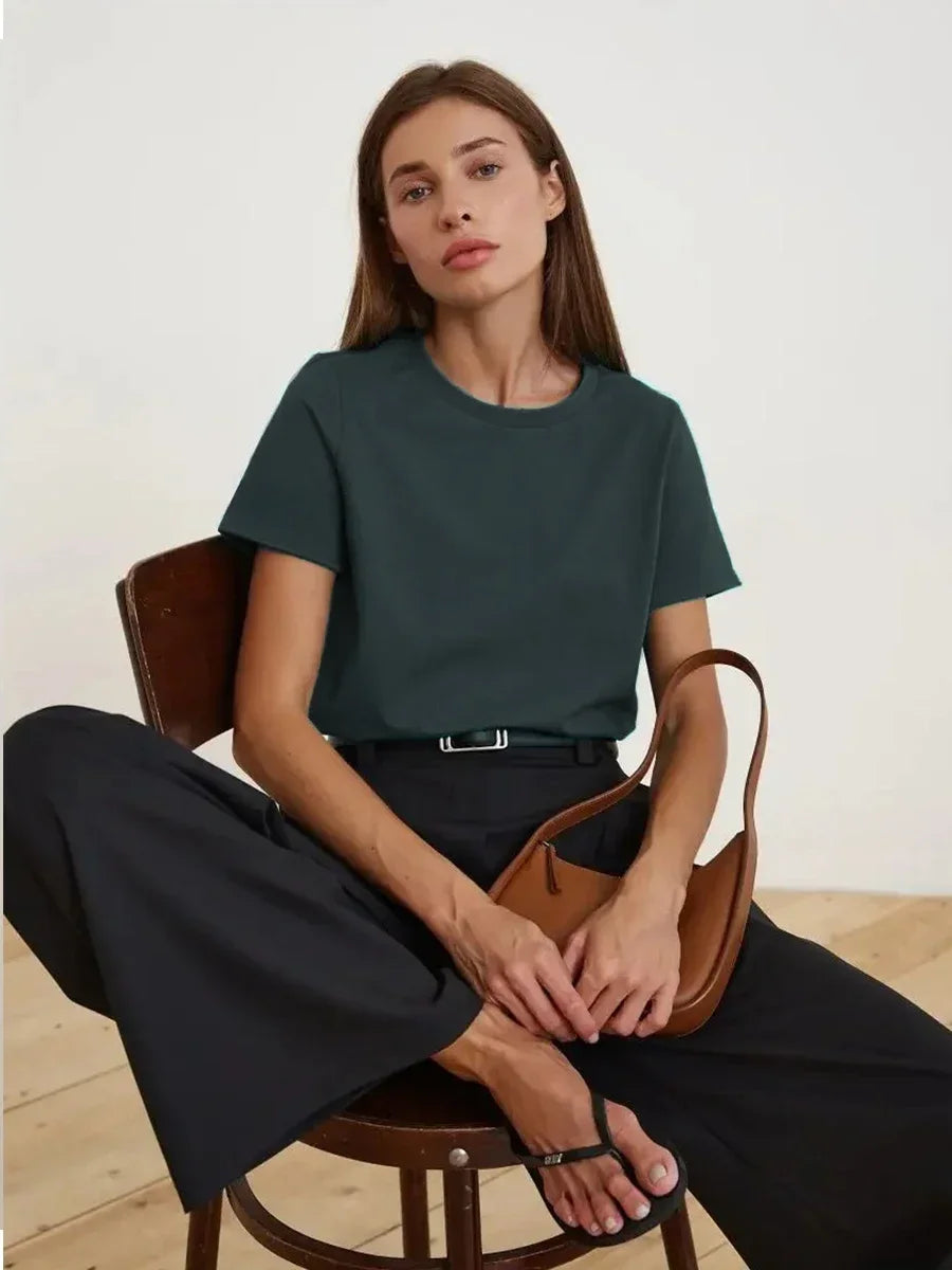Bornladies Summer 100% Cotton Women's T-shirt Bottoming Basic Fashionable Solid Lady Short Sleeve Loose Tops Shirts 230g/㎡ Tops - ATFH