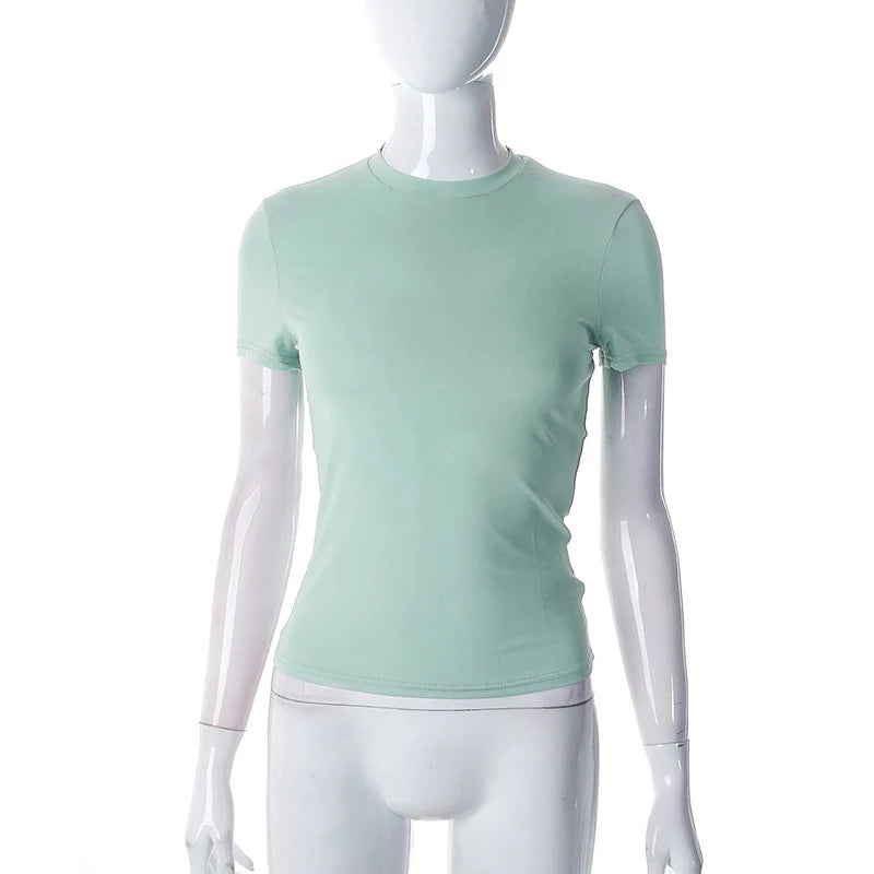 Spring New Short Sleeve T-Shirt Women Solid Simple Casual Soft All-Match Hot Basic Crop Tops Tees Summer Fashion - ATFH
